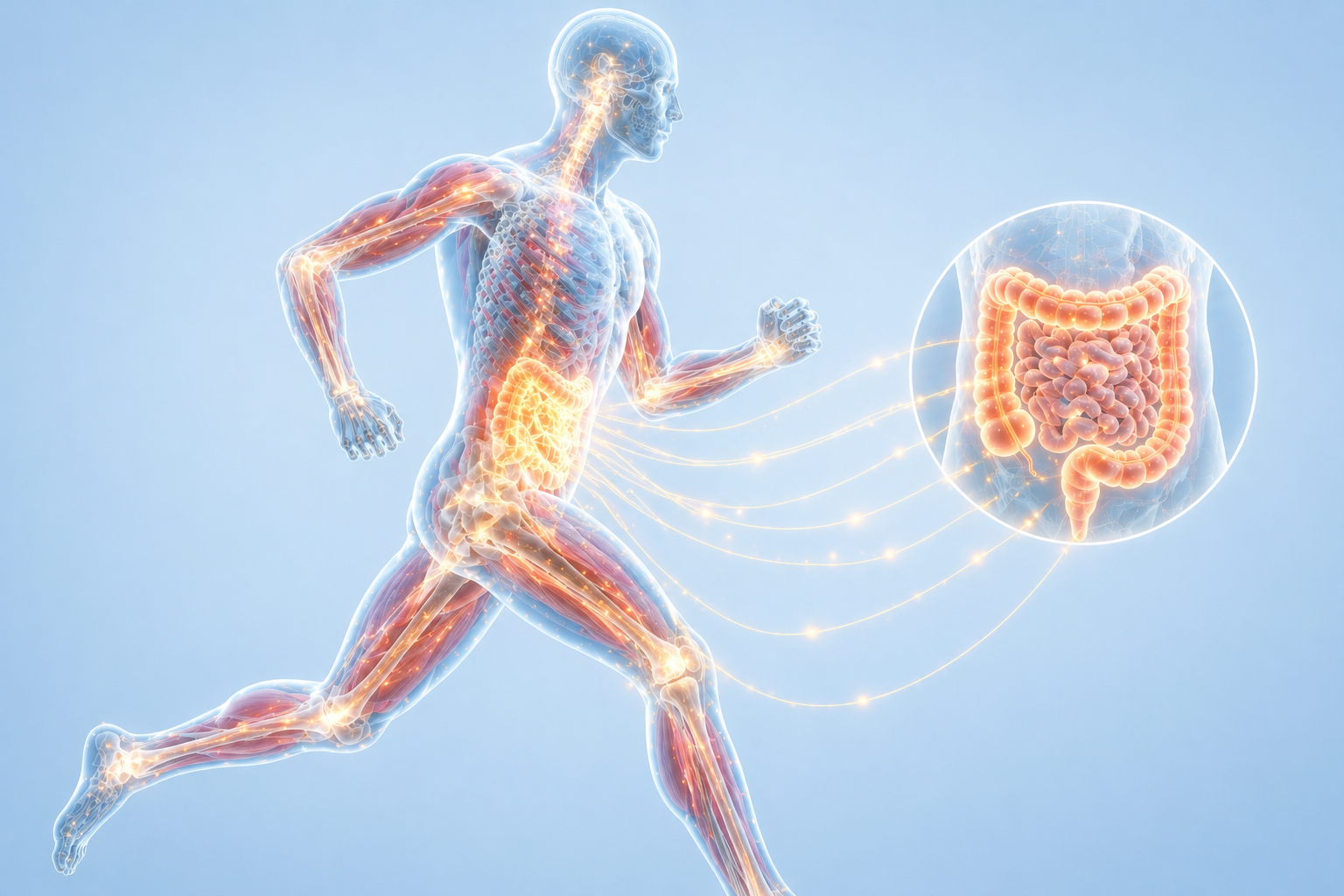 Darstellung der Darm-Performance-Achse mit Energiestoffwechsel und Mikrobiom