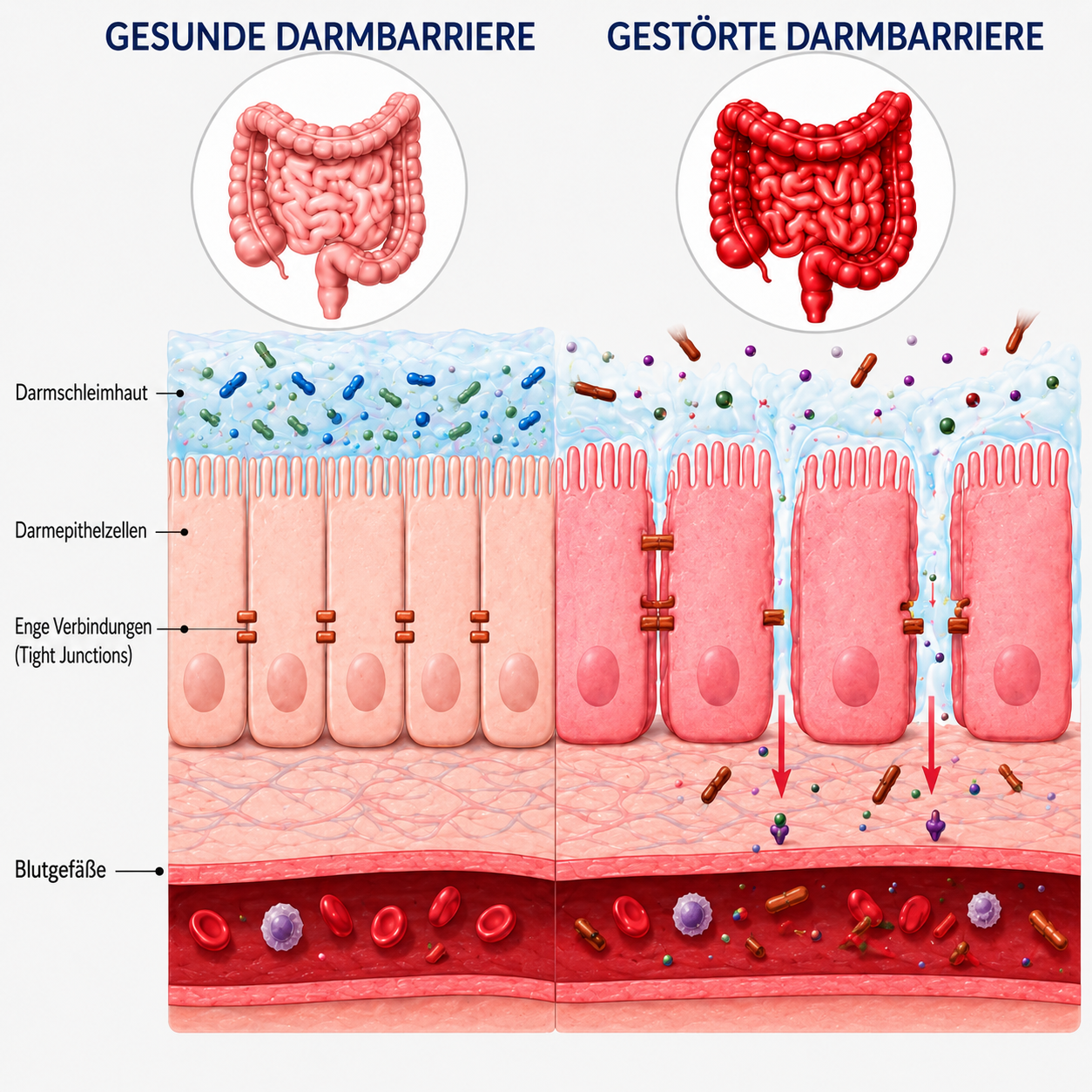 Schematische Darstellung der Darmbarriere unter Sport-Belastung